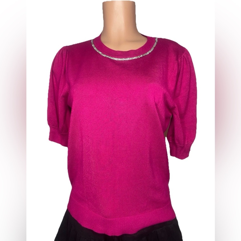 H Halston Women’s Berry Knit Top Short Puff Sleeves Rhinestone Collar Sweater SM
